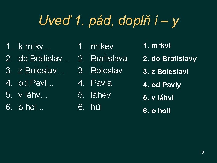 Uveď 1. pád, doplň i – y 1. 2. 3. 4. 5. 6. k