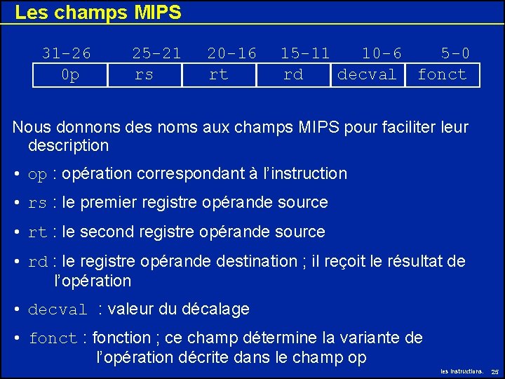 Les champs MIPS 31 -26 0 p 25 -21 rs 20 -16 rt 15 Les champs MIPS 31 -26 0 p 25 -21 rs 20 -16 rt 15