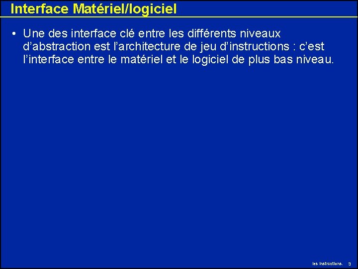 Interface Matériel/logiciel • Une des interface clé entre les différents niveaux d’abstraction est l’architecture Interface Matériel/logiciel • Une des interface clé entre les différents niveaux d’abstraction est l’architecture