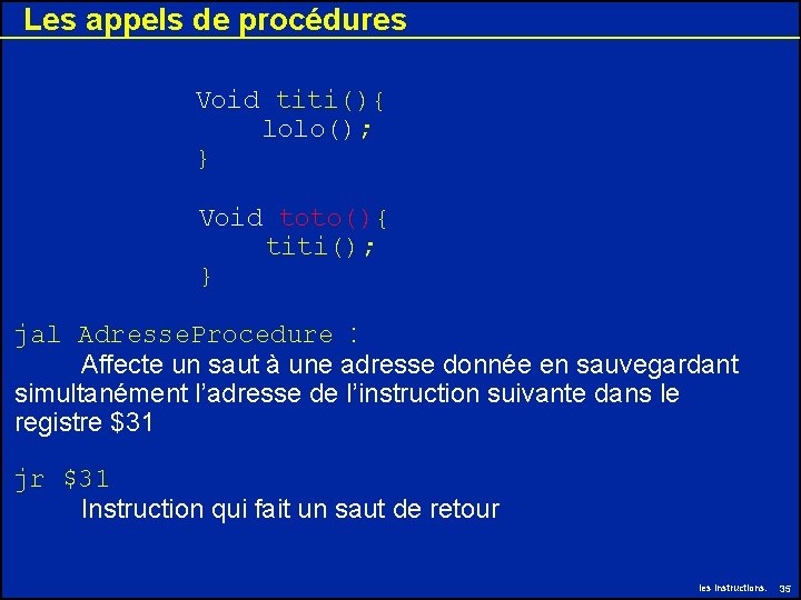 Les appels de procédures Void titi(){ lolo(); } Void toto(){ titi(); } jal Adresse. Les appels de procédures Void titi(){ lolo(); } Void toto(){ titi(); } jal Adresse.
