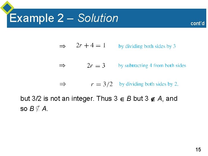 Example 2 – Solution cont’d but 3/2 is not an integer. Thus 3 B