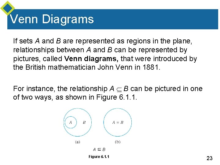 Venn Diagrams If sets A and B are represented as regions in the plane,