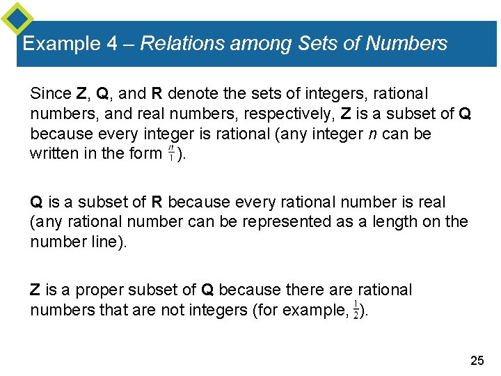 Example 4 – Relations among Sets of Numbers Since Z, Q, and R denote
