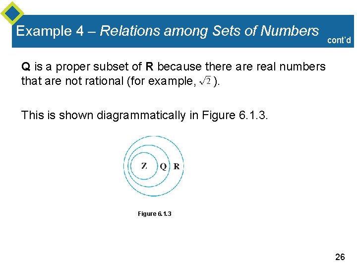 Example 4 – Relations among Sets of Numbers cont’d Q is a proper subset