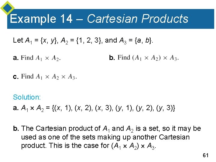 Example 14 – Cartesian Products Let A 1 = {x, y}, A 2 =