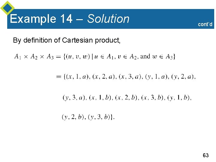 Example 14 – Solution cont’d By definition of Cartesian product, 63 