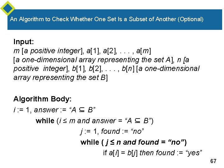 An Algorithm to Check Whether One Set Is a Subset of Another (Optional) Input: