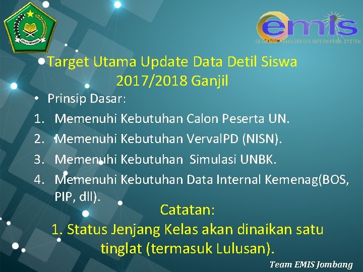 Target Utama Update Data Detil Siswa 2017/2018 Ganjil • Prinsip Dasar: 1. Memenuhi Kebutuhan