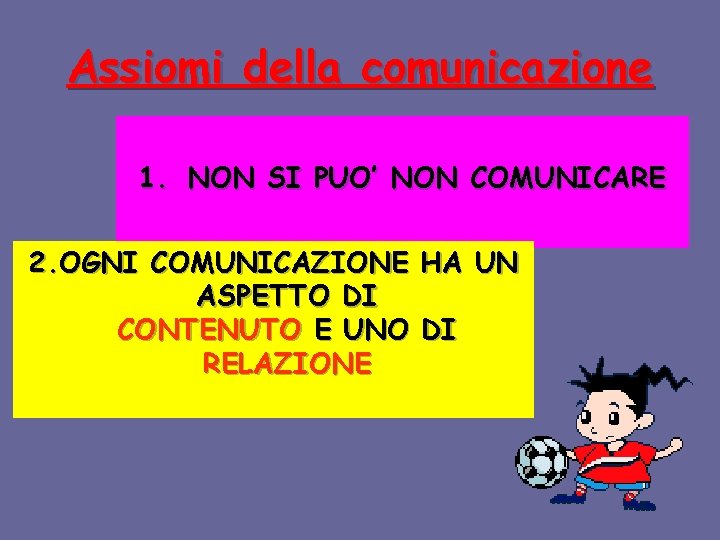 Assiomi della comunicazione 1. NON SI PUO’ NON COMUNICARE 2. OGNI COMUNICAZIONE HA UN