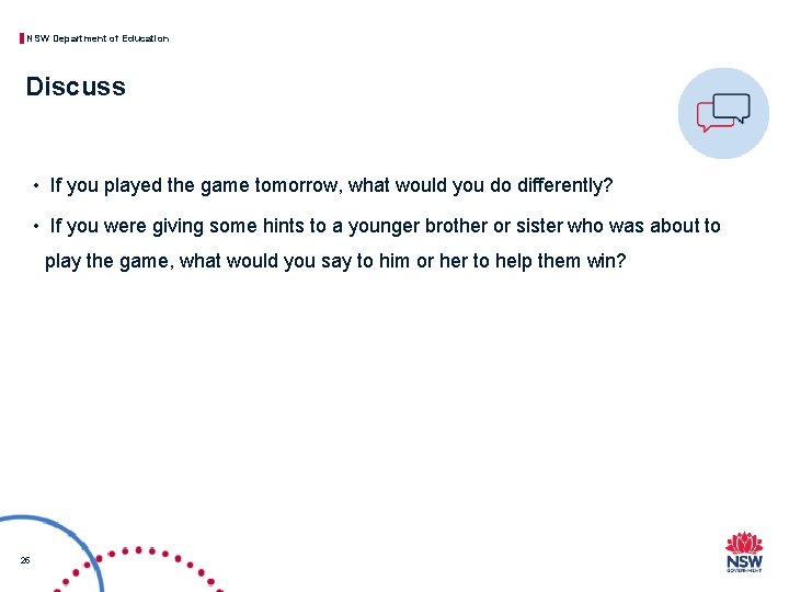 NSW Department of Education Discuss • If you played the game tomorrow, what would