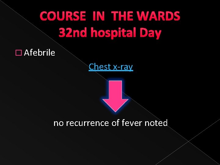 COURSE IN THE WARDS 32 nd hospital Day � Afebrile Chest x-ray no recurrence