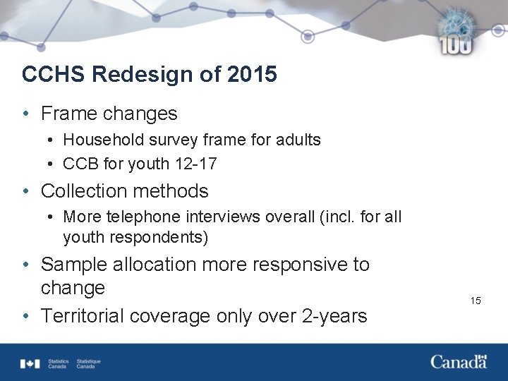 CCHS Redesign of 2015 • Frame changes • Household survey frame for adults •