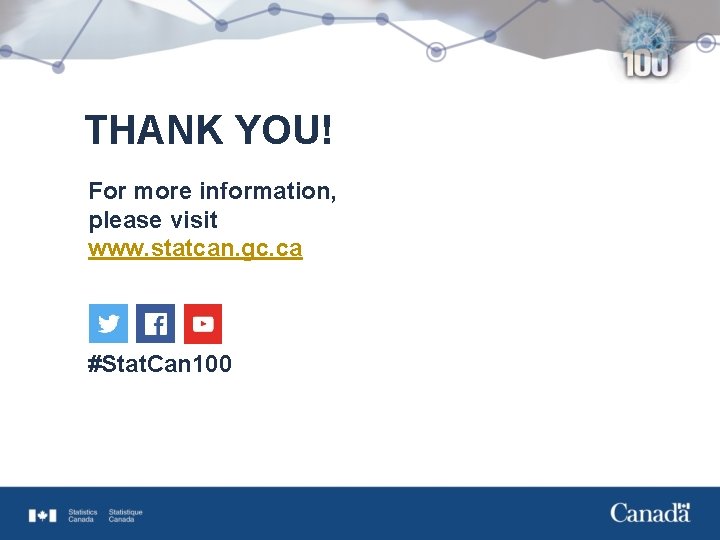 THANK YOU! For more information, please visit www. statcan. gc. ca #Stat. Can 100