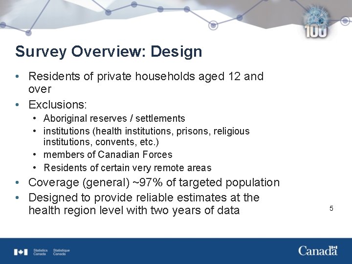 Survey Overview: Design • Residents of private households aged 12 and over • Exclusions: