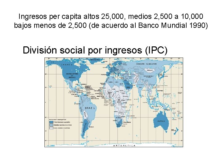 Ingresos per capita altos 25, 000, medios 2, 500 a 10, 000 bajos menos