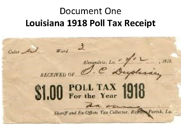 Document One Louisiana 1918 Poll Tax Receipt 