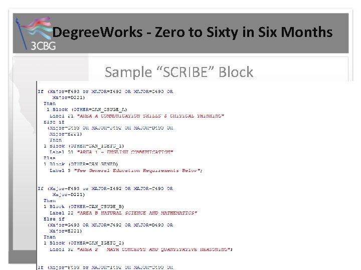 Degree. Works - Zero to Sixty in Six Months Sample “SCRIBE” Block 