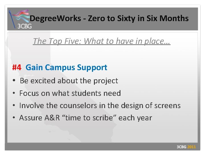 Degree. Works - Zero to Sixty in Six Months The Top Five: What to