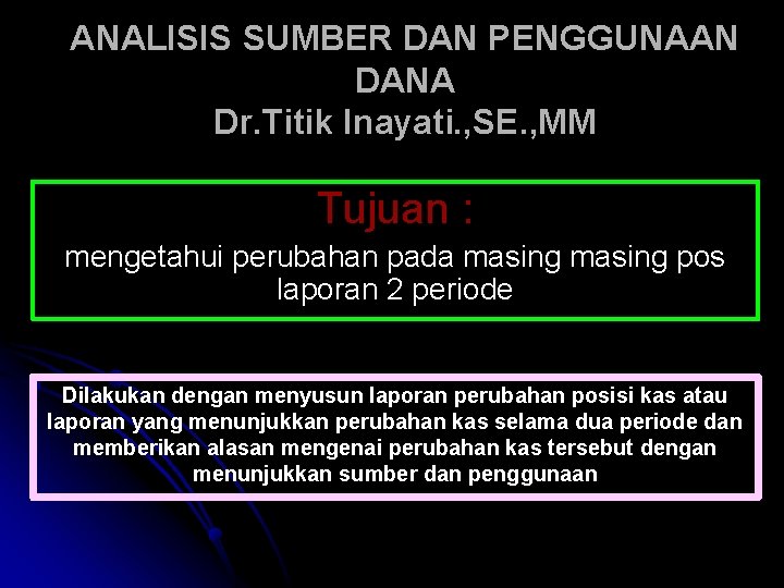 ANALISIS SUMBER DAN PENGGUNAAN DANA Dr. Titik Inayati. , SE. , MM Tujuan :