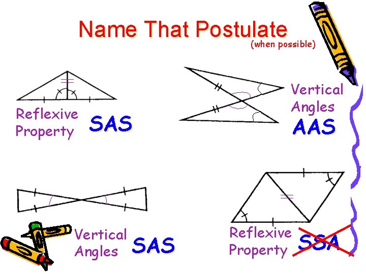 Name That Postulate (when possible) Reflexive Property SAS Vertical Angles AAS Reflexive Property SSA