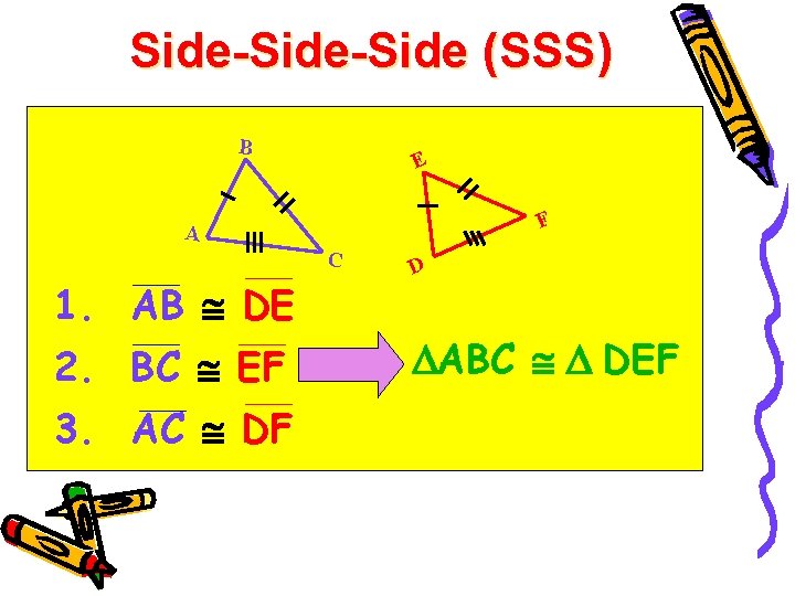 Side-Side (SSS) B E F A C 1. AB DE 2. BC EF 3.