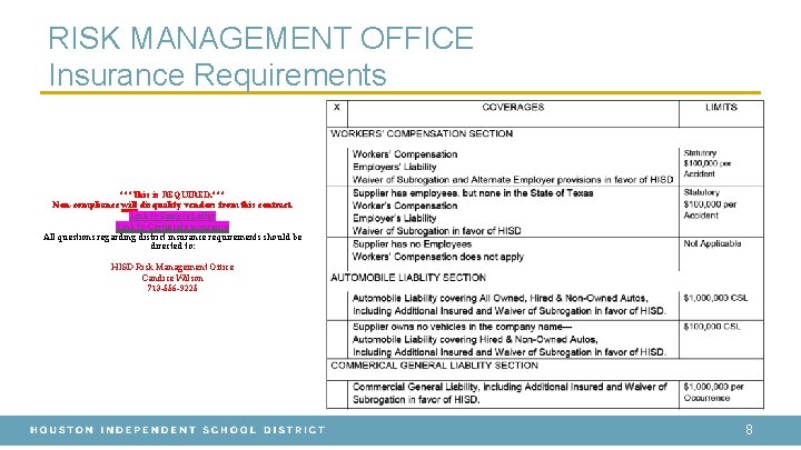 RISK MANAGEMENT OFFICE Insurance Requirements ***This is REQUIRED. *** Non-compliance will disqualify vendors from