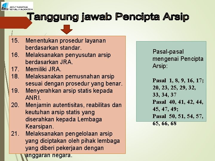 15. Menentukan prosedur layanan berdasarkan standar. 16. Melaksanakan penyusutan arsip berdasarkan JRA. 17. Memiliki