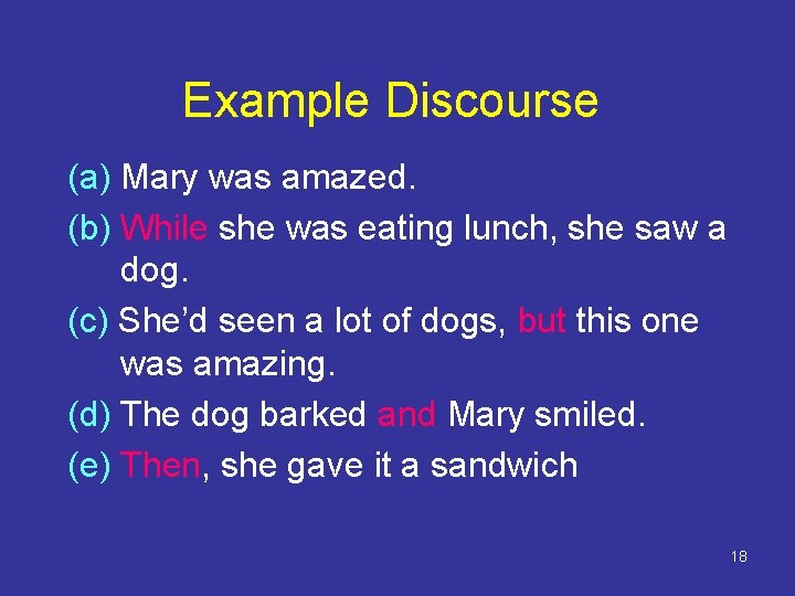 Example Discourse (a) Mary was amazed. (b) While she was eating lunch, she saw