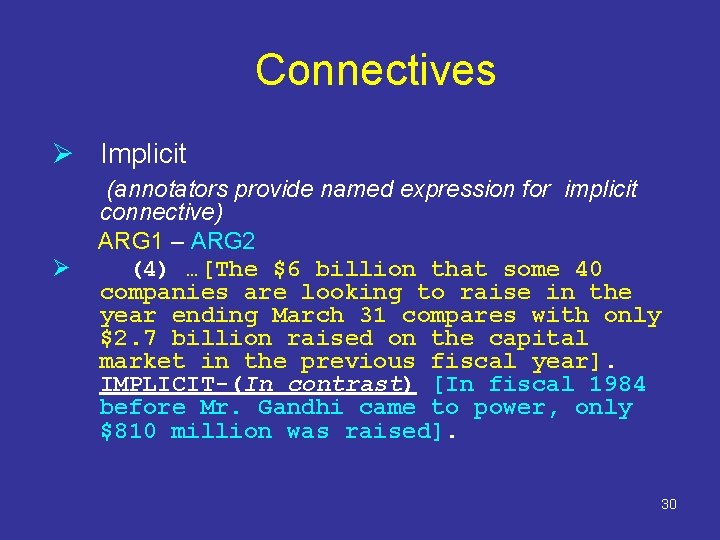 Connectives Ø Implicit Ø (annotators provide named expression for implicit connective) ARG 1 –