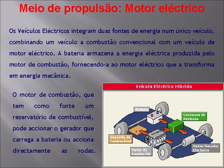 Meio de propulsão: Motor eléctrico Os Veículos Eléctricos integram duas fontes de energia num