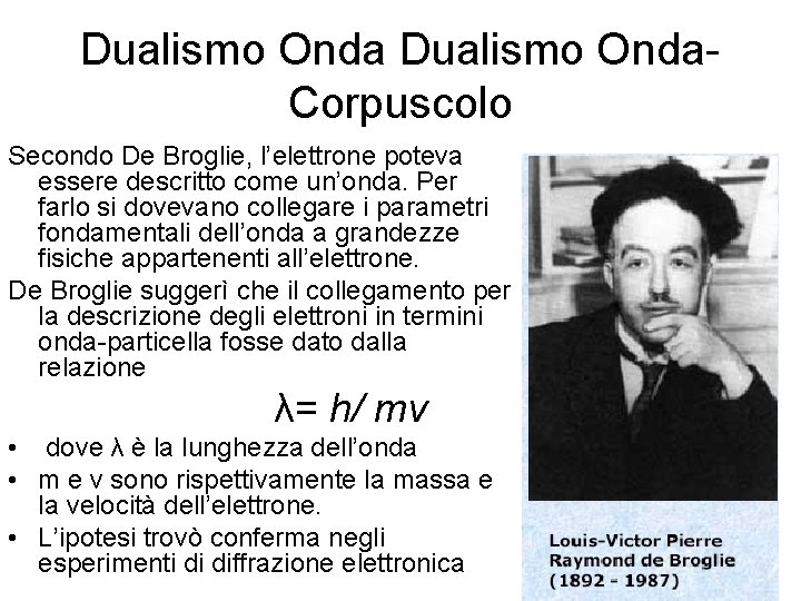 Dualismo Onda. Corpuscolo Secondo De Broglie, l’elettrone poteva essere descritto come un’onda. Per farlo