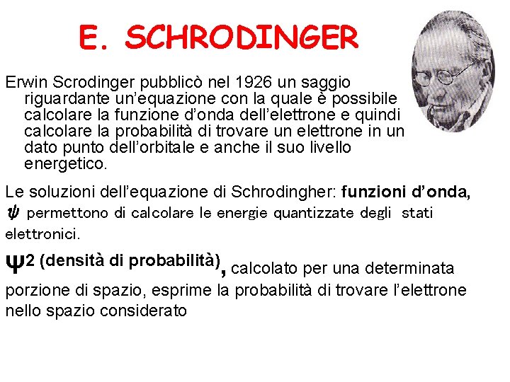 E. SCHRODINGER Erwin Scrodinger pubblicò nel 1926 un saggio riguardante un’equazione con la quale