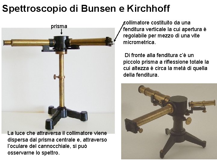 Spettroscopio di Bunsen e Kirchhoff prisma collimatore costituito da una fenditura verticale la cui
