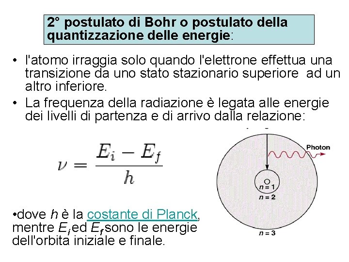 2° postulato di Bohr o postulato della quantizzazione delle energie: • l'atomo irraggia solo