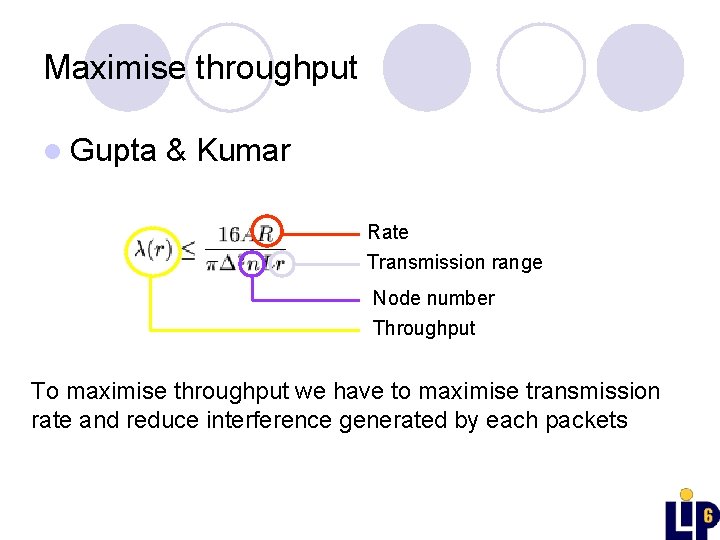 Maximise throughput l Gupta & Kumar Rate Transmission range Node number Throughput To maximise