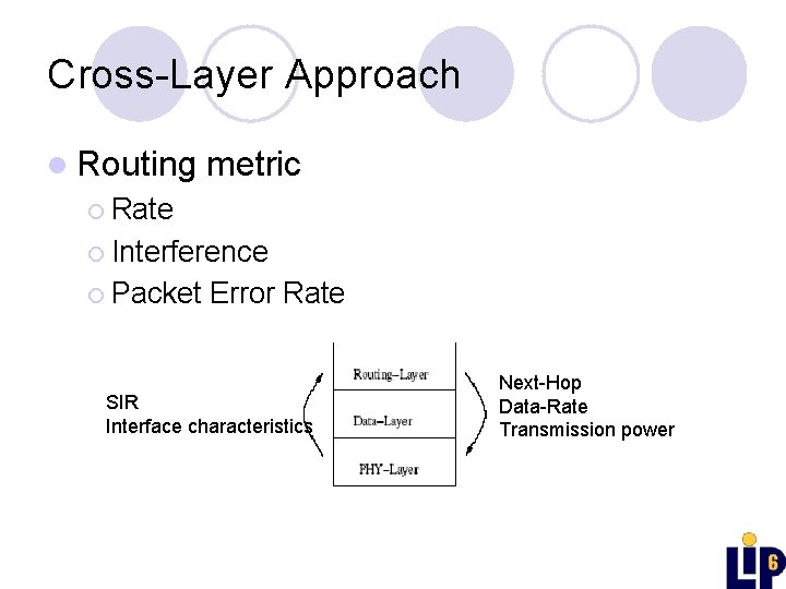 Cross-Layer Approach l Routing metric ¡ Rate ¡ Interference ¡ Packet Error Rate SIR