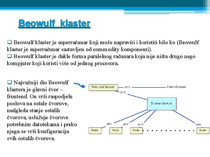 Beowulf klaster q Beowulf klaster je superračunar koji može napraviti i koristiti bilo ko