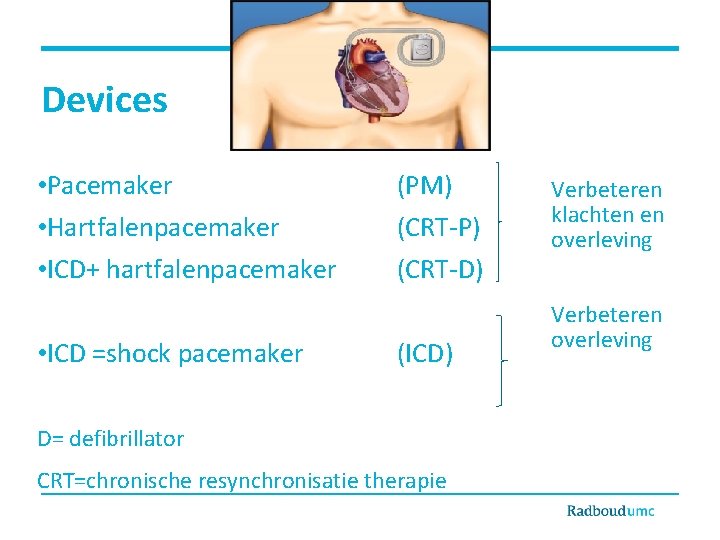 Devices • Pacemaker • Hartfalenpacemaker • ICD+ hartfalenpacemaker • ICD =shock pacemaker (PM) (CRT-P)