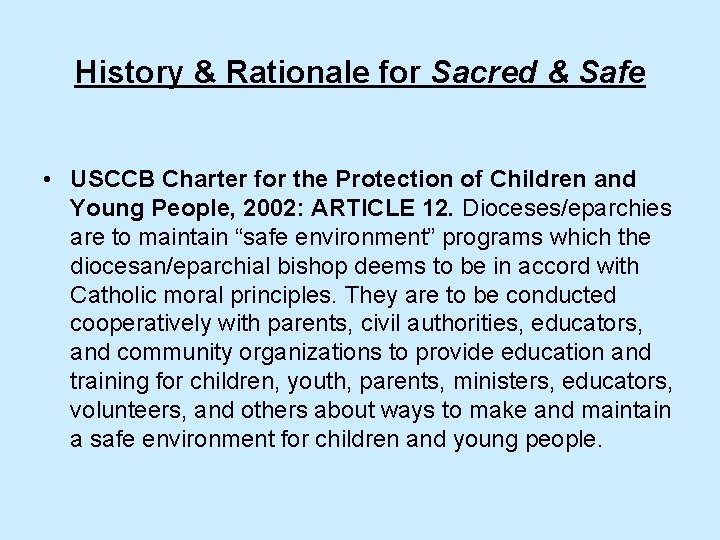 History & Rationale for Sacred & Safe • USCCB Charter for the Protection of