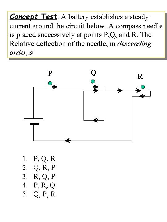 Concept Test: A battery establishes a steady current around the circuit below. A compass