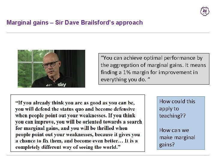 Marginal gains – Sir Dave Brailsford’s approach “You can achieve optimal performance by the