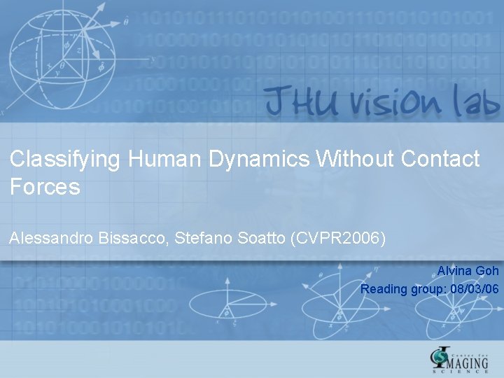 Classifying Human Dynamics Without Contact Forces Alessandro Bissacco, Stefano Soatto (CVPR 2006) Alvina Goh