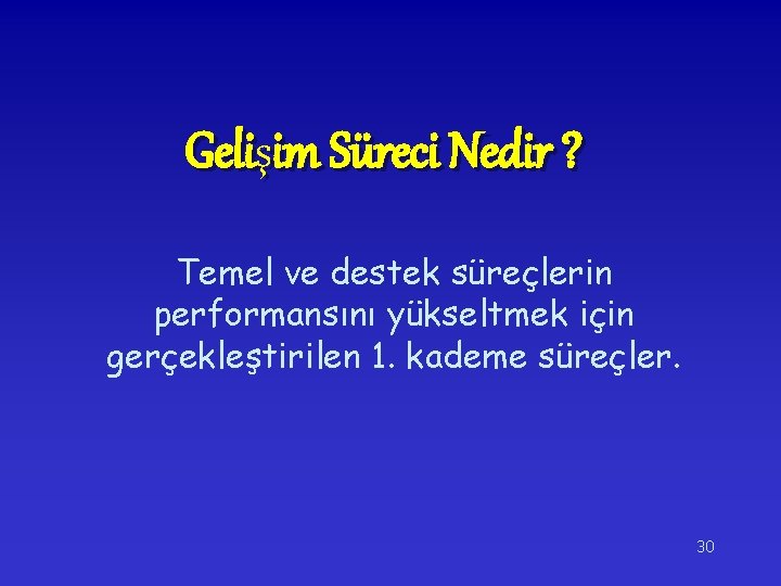 Gelişim Süreci Nedir ? Temel ve destek süreçlerin performansını yükseltmek için gerçekleştirilen 1. kademe