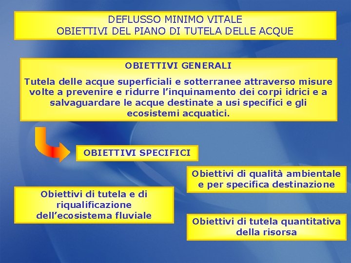 DEFLUSSO MINIMO VITALE OBIETTIVI DEL PIANO DI TUTELA DELLE ACQUE OBIETTIVI GENERALI Tutela delle