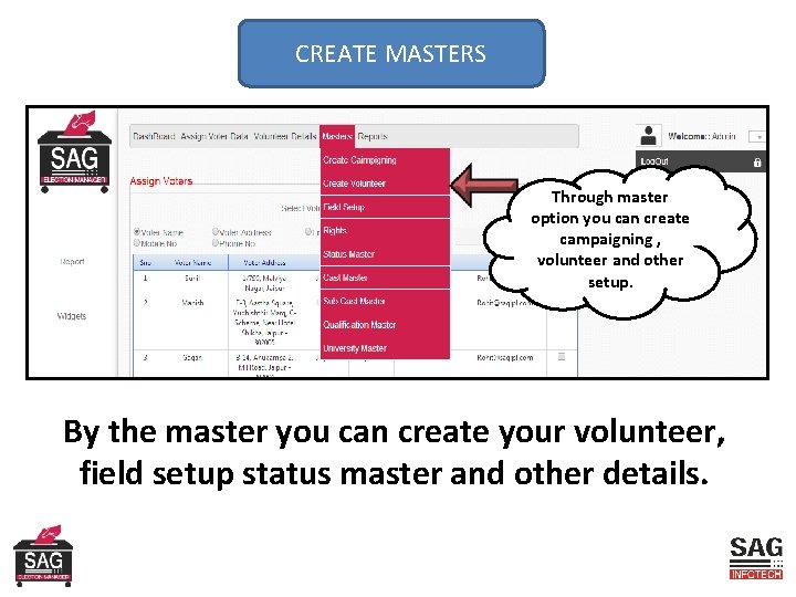 CREATE MASTERS Through master option you can create campaigning , volunteer and other setup.