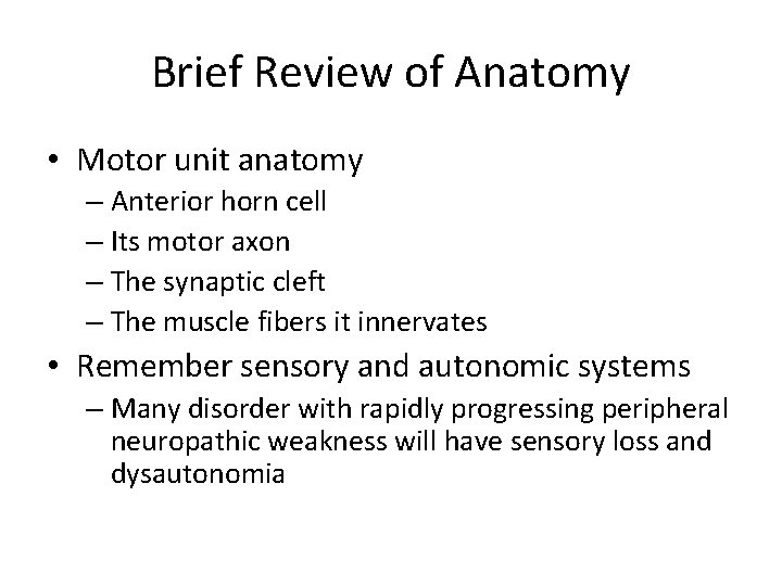 Brief Review of Anatomy • Motor unit anatomy – Anterior horn cell – Its