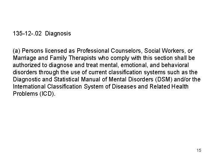 135 -12 -. 02 Diagnosis (a) Persons licensed as Professional Counselors, Social Workers, or