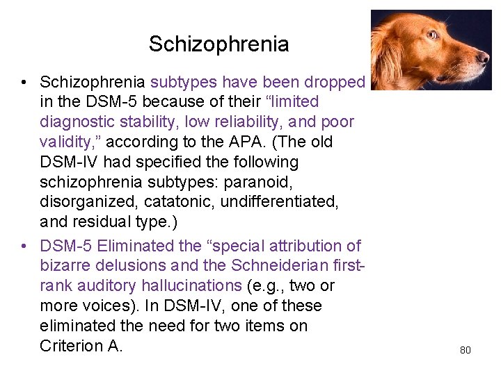  Schizophrenia • Schizophrenia subtypes have been dropped in the DSM-5 because of their