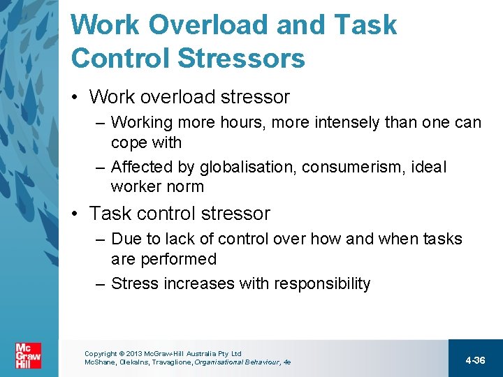 Work Overload and Task Control Stressors • Work overload stressor – Working more hours,
