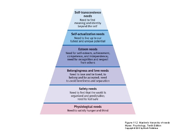 Figure 11. 2 Maslow’s hierarchy of needs Myers: Psychology, Tenth Edition Copyright © 2013